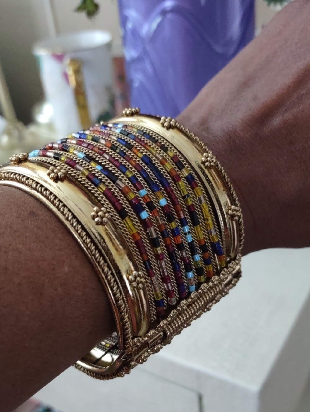 Vintage Gold Multicolor Beaded Cuff Bracelet - Women Jewelry